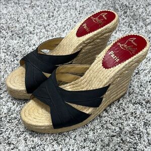 Christian Louboutin Platform Jute Wedge Espadrille Shoe Black Ribbon Straps